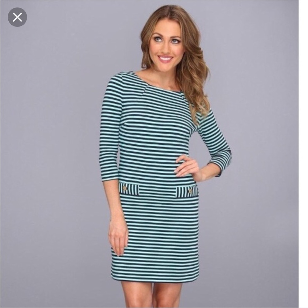 Lilly Charlene Dress in Aqua and Navy Stripe